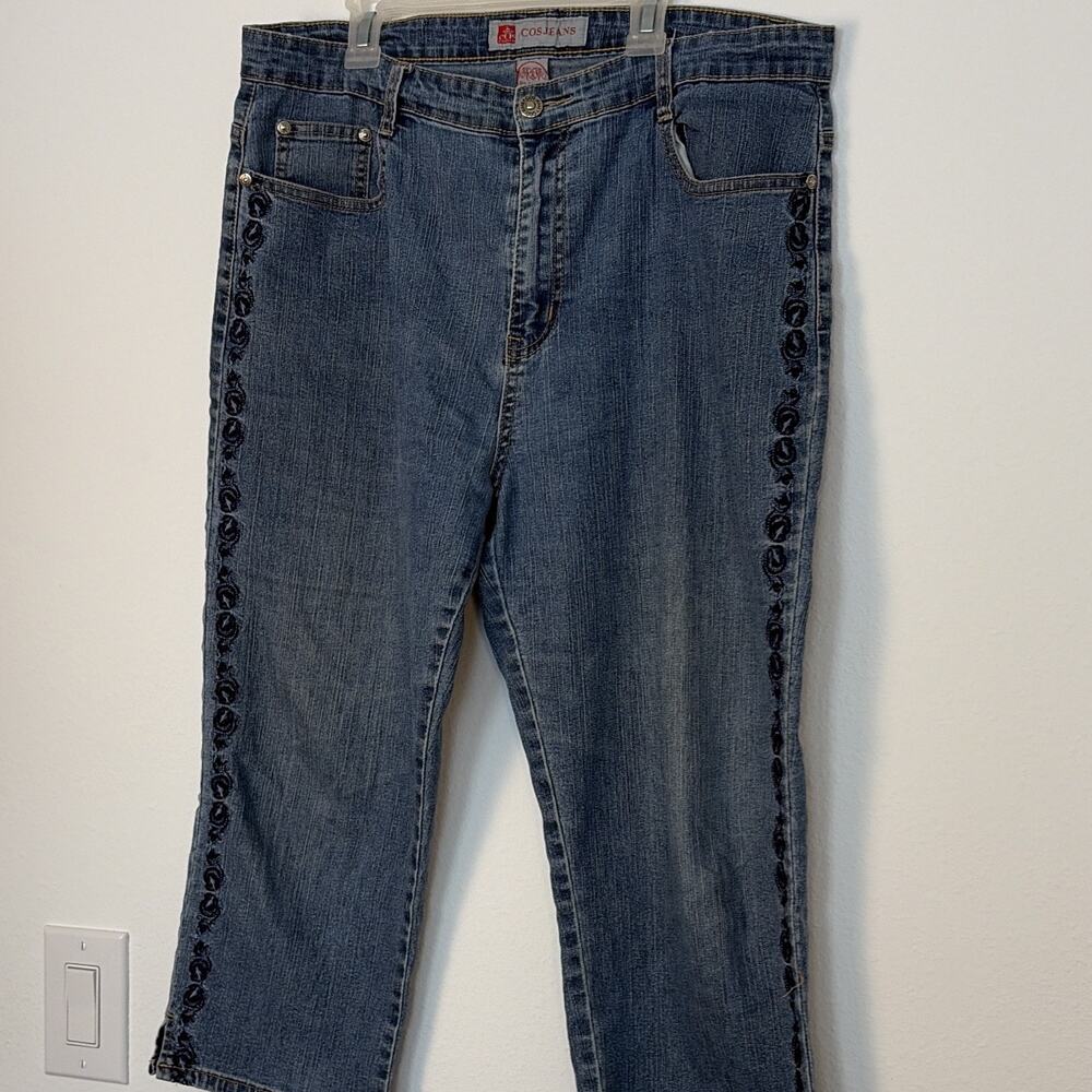 COSJEANS Women's Capri Jeans Blue Denim Solid Embroidered Button 5-Pocket 14